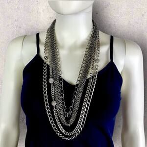 Lee Angel 4 Tier Necklace Silver Tone Chains & Crystal Globe Layered Statement